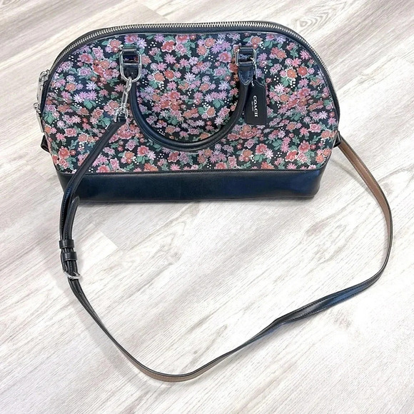 COACH Sierra Posey Cluster Black & Pink Floral Coated Canvas Satchel Bag #F57622 - Picture 2 of 8